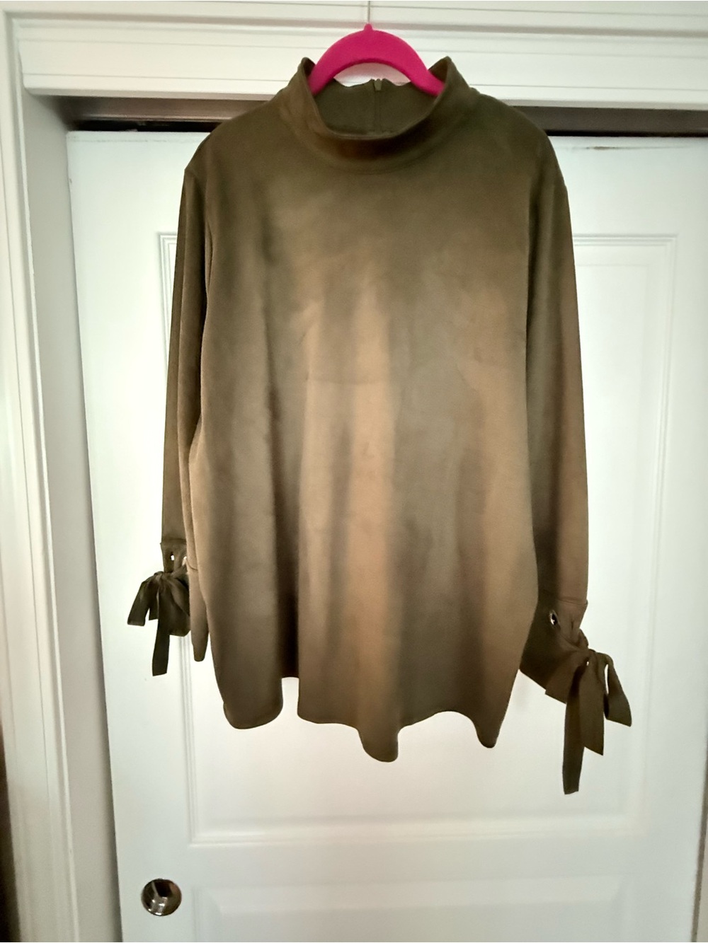 NWT Chico's Knit Suede Mock Neck Top Mountain Moss Tie-Cuff Tunic